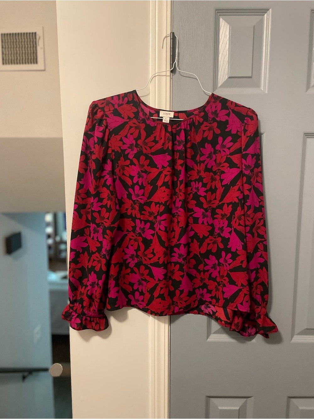J. Crew Red and Fuchsia Floral Long-Sleeve Blouse